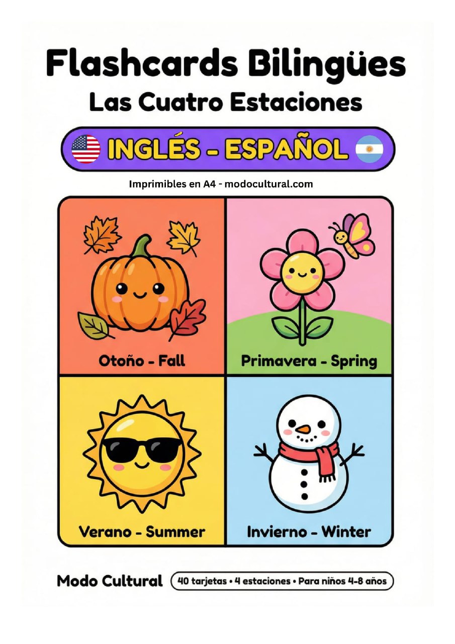 Flashcards Bilingües Inglés/Español | 40 Imprimibles para Niños
